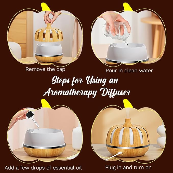 Essential Oil Diffuser 300ml for Home Bedroom, Aromatherapy Oil Diffuser with 3H 6H Timer, 7 Color Light, USB Type-C, Pumpkin