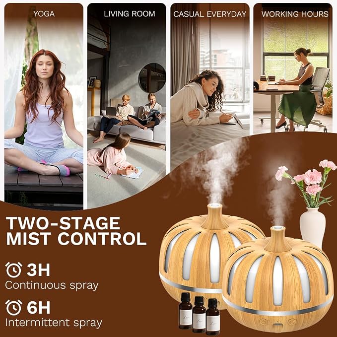 Essential Oil Diffuser 300ml for Home Bedroom, Aromatherapy Oil Diffuser with 3H 6H Timer, 7 Color Light, USB Type-C, Pumpkin