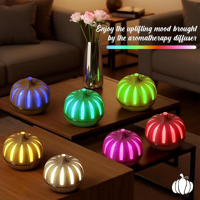 Essential Oil Diffuser 300ml for Home Bedroom, Aromatherapy Oil Diffuser with 3H 6H Timer, 7 Color Light, USB Type-C, Pumpkin
