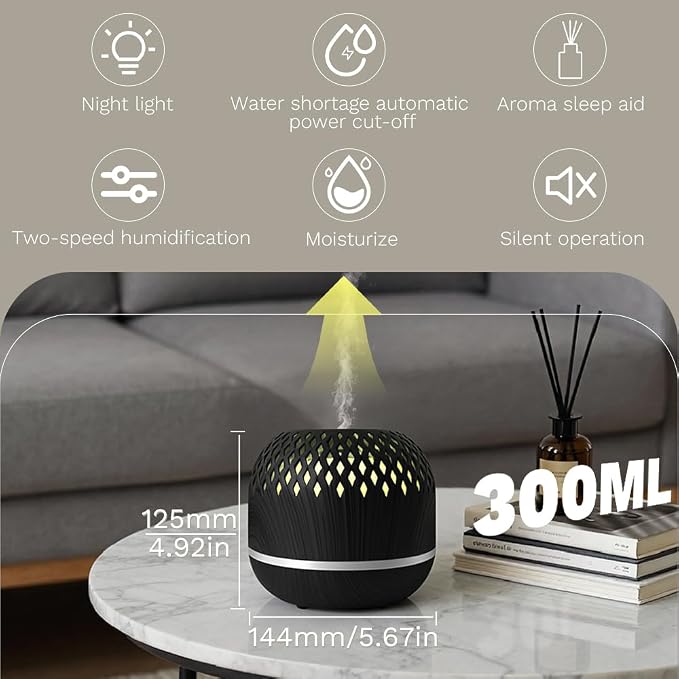Essential Oil Diffuser 300ml for Home Bedroom, Aromatherapy Oil Diffuser with 3H 6H Timer, 7 Color Light, USB Type-C, Hollow