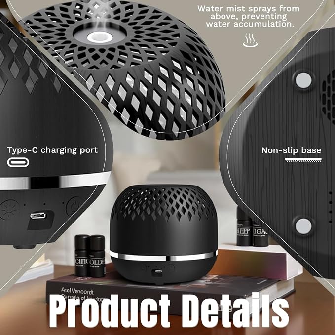 Essential Oil Diffuser 300ml for Home Bedroom, Aromatherapy Oil Diffuser with 3H 6H Timer, 7 Color Light, USB Type-C, Hollow