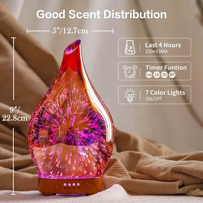 Essential Oil Diffuser 3D Firework Glass Aromatherapy Ultrasonic Humidifier Rose Gold,Auto Shut-Off,Timer Setting,BPA