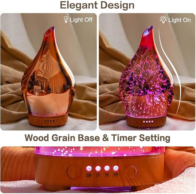 Essential Oil Diffuser 3D Firework Glass Aromatherapy Ultrasonic Humidifier Rose Gold,Auto Shut-Off,Timer Setting,BPA