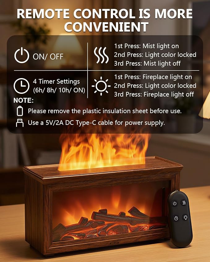 Essential Oil Diffuser, 7-Color Fireplace Fire Flame Aromatherapy Humidifier, alternate product view 6