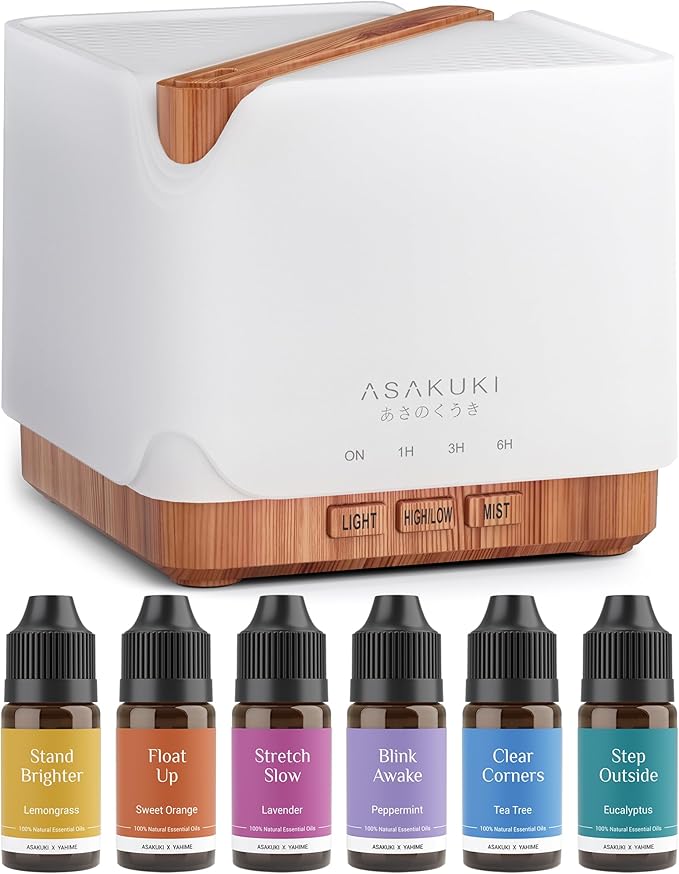 Essential Oil Diffuser 700ml, Ultrasonic Aromatherapy Humidifier with Top 6 Essential Oils Set, 7 LED Colors, Timer &