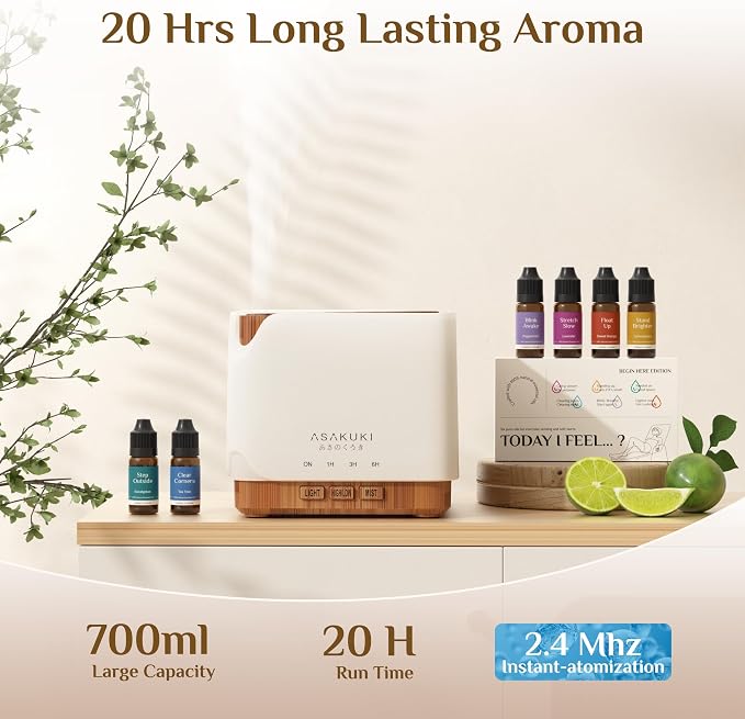 Essential Oil Diffuser 700ml, Ultrasonic Aromatherapy Humidifier with Top 6 Essential Oils Set, 7 LED Colors, Timer &