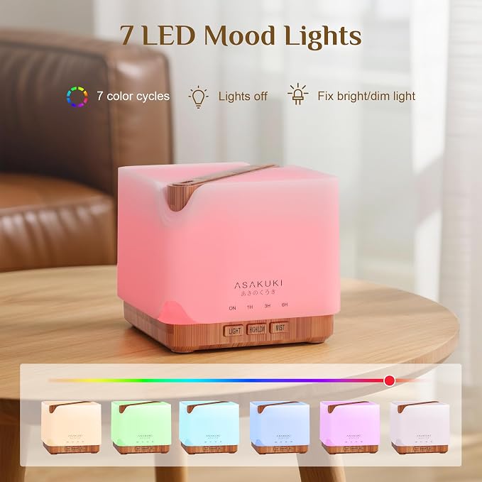 Essential Oil Diffuser 700ml, Ultrasonic Aromatherapy Humidifier with Top 6 Essential Oils Set, 7 LED Colors, Timer &
