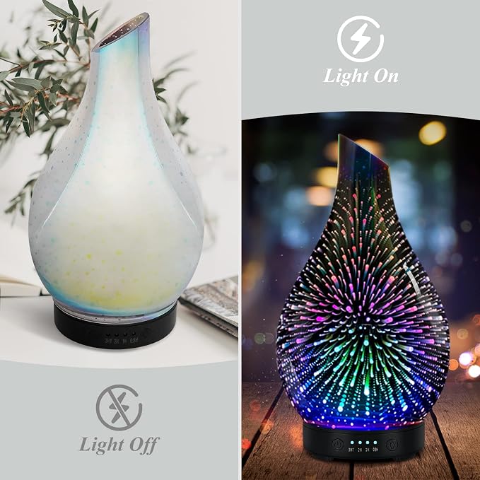 Essential Oil Diffuser Aromatherapy Diffuser - Art Glass Oil Diffuser with Auto Shut-Off Protection 4 Timer Setting 7 Colors