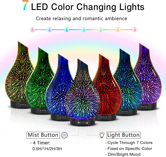Essential Oil Diffuser Aromatherapy Diffuser - Art Glass Oil Diffuser with Auto Shut-Off Protection 4 Timer Setting 7 Colors