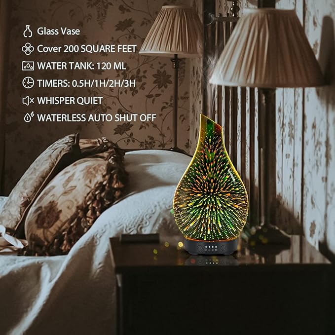 Essential Oil Diffuser Aromatherapy Diffuser - Art Glass Oil Diffuser with Auto Shut-Off Protection 4 Timer Setting 7 Colors