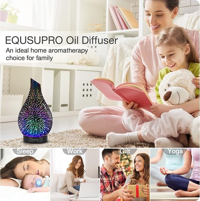 Essential Oil Diffuser Aromatherapy Diffuser - Art Glass Oil Diffuser with Auto Shut-Off Protection 4 Timer Setting 7 Colors
