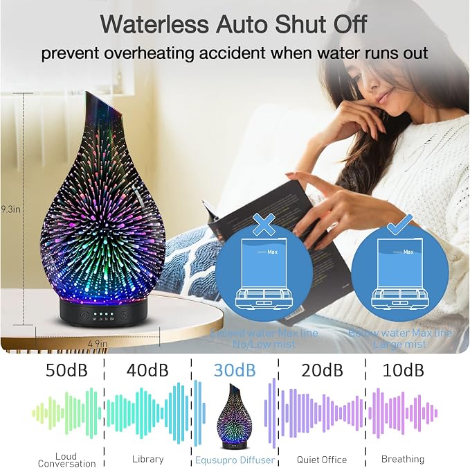 Essential Oil Diffuser Aromatherapy Diffuser - Art Glass Oil Diffuser with Auto Shut-Off Protection 4 Timer Setting 7 Colors