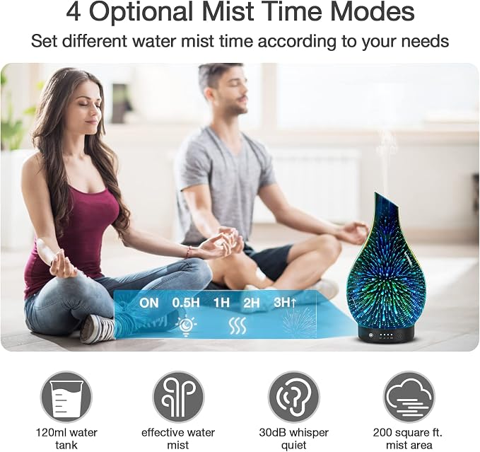 Essential Oil Diffuser Aromatherapy Diffuser - Art Glass Oil Diffuser with Auto Shut-Off Protection 4 Timer Setting 7 Colors