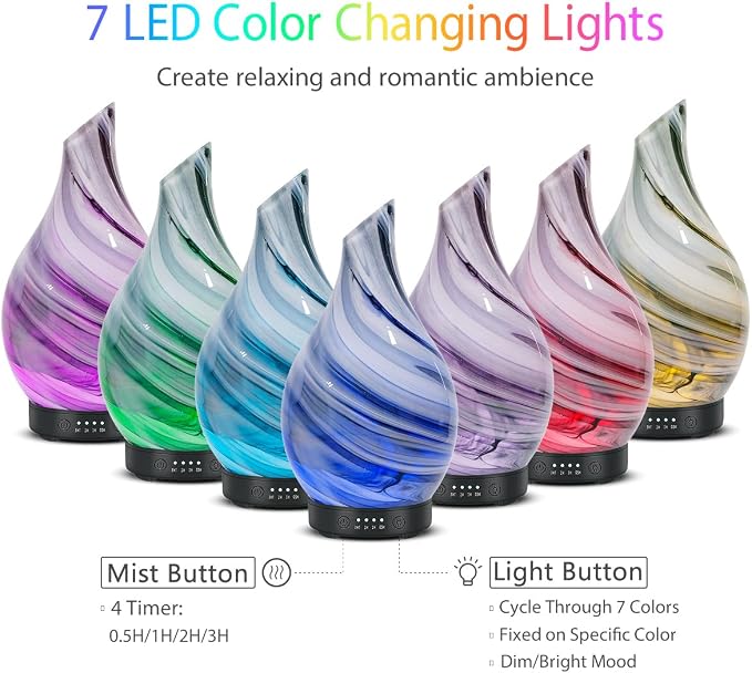 Essential Oil Diffuser Aromatherapy Diffuser - Art Glass Oil Diffuser with Auto Shut-Off Protection 4 Timer Setting 7 Colors