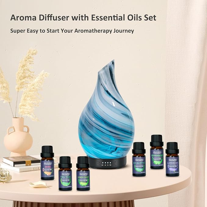 Essential Oil Diffuser Aromatherapy Diffuser - Art Glass Oil Diffuser with Auto Shut-Off Protection 4 Timer Setting 7 Colors