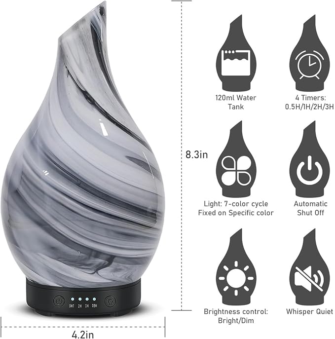 Essential Oil Diffuser Aromatherapy Diffuser - Art Glass Oil Diffuser with Auto Shut-Off Protection 4 Timer Setting 7 Colors