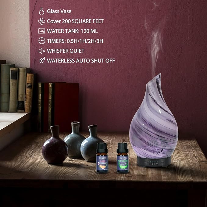 Essential Oil Diffuser Aromatherapy Diffuser - Art Glass Oil Diffuser with Auto Shut-Off Protection 4 Timer Setting 7 Colors