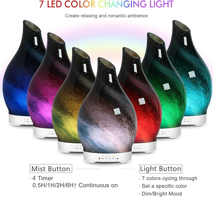 Essential Oil Diffuser Aromatherapy Diffuser - Art Glass Oil Diffuser with Auto Shut-Off Protection 4 Timer Setting 7 Colors