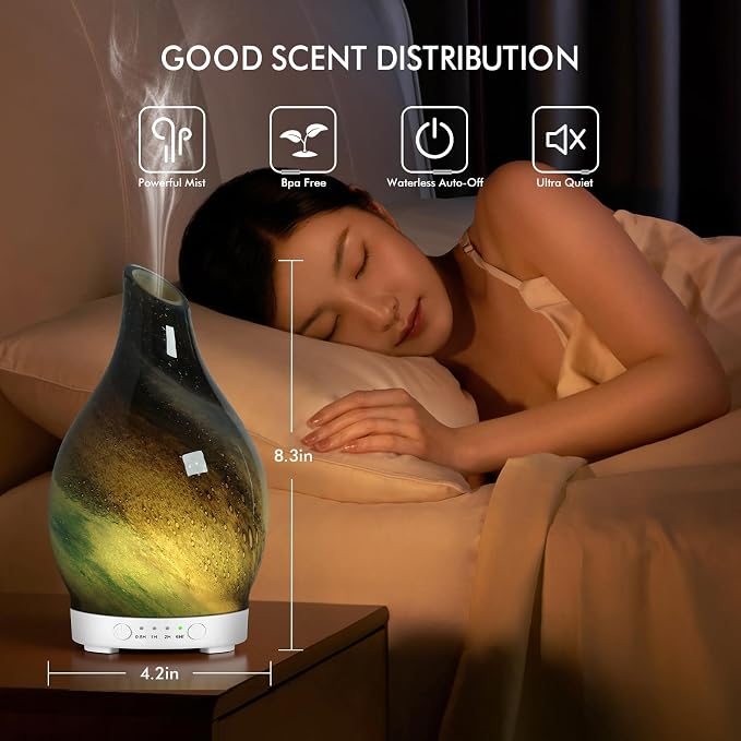 Essential Oil Diffuser Aromatherapy Diffuser - Art Glass Oil Diffuser with Auto Shut-Off Protection 4 Timer Setting 7 Colors