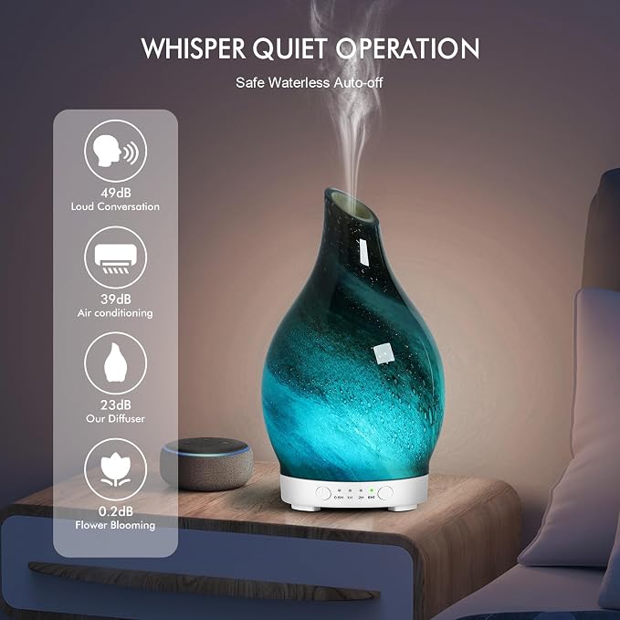 Essential Oil Diffuser Aromatherapy Diffuser - Art Glass Oil Diffuser with Auto Shut-Off Protection 4 Timer Setting 7 Colors