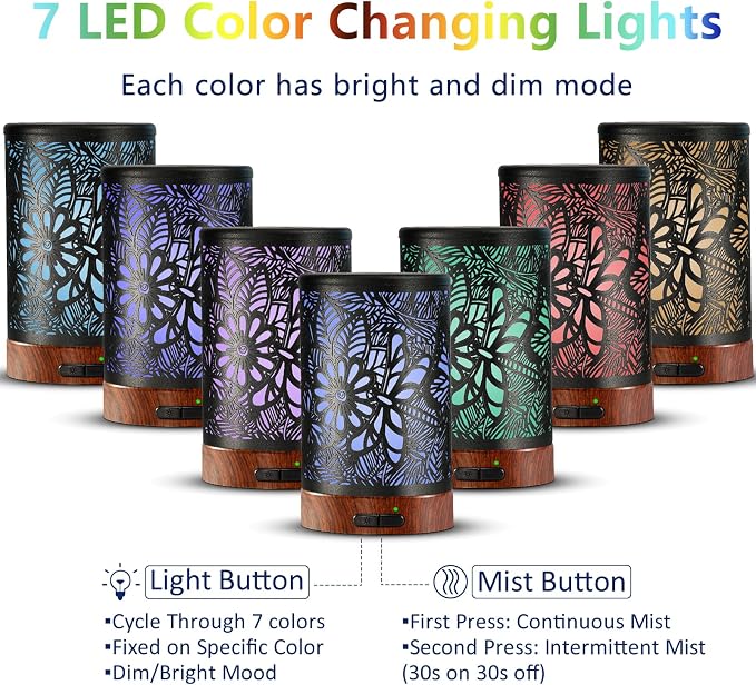 Essential Oil Diffuser Aromatherapy Diffuser - Metal Aroma Diffuser for Home 150ml Ultrasonic Cool Mist Diffuser with 7