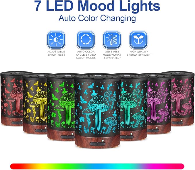 Essential Oil Diffuser- Aromatherapy Diffuser with7 Colors Light and Auto-Off for Women Metal Cool Mist Humidifier for Home