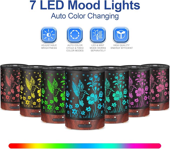 Essential Oil Diffuser- Aromatherapy Diffuser with7 Colors Light and Auto-Off for Women Metal Cool Mist Humidifier for Home