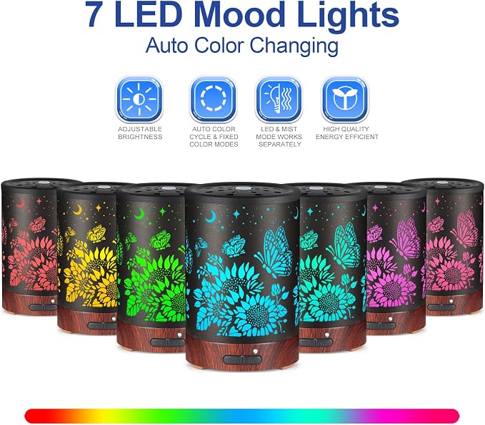 Essential Oil Diffuser- Aromatherapy Diffuser with7 Colors Light and Auto-Off for Women Metal Cool Mist Humidifier for Home