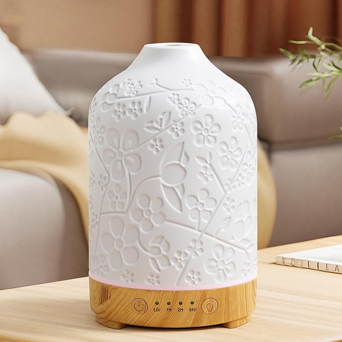 Essential Oil Diffuser Ceramic Diffuser -Aromatherapy Diffuser for Essential Oils with Timer and 7 Colors LED Light