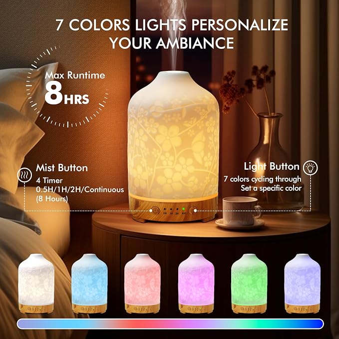Essential Oil Diffuser Ceramic Diffuser -Aromatherapy Diffuser for Essential Oils with Timer and 7 Colors LED Light