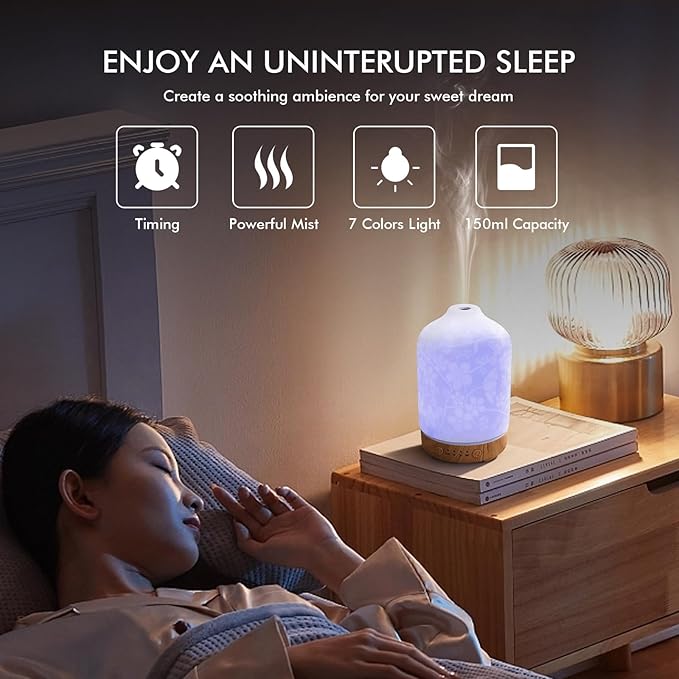 Essential Oil Diffuser Ceramic Diffuser -Aromatherapy Diffuser for Essential Oils with Timer and 7 Colors LED Light