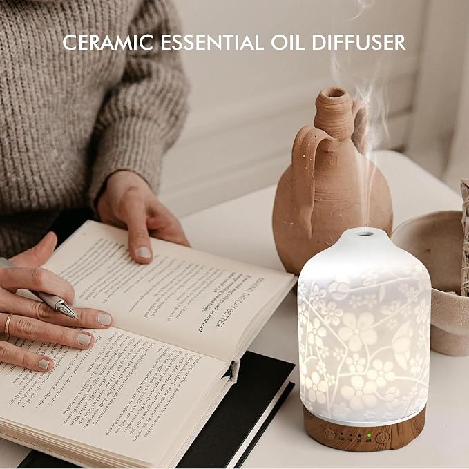Essential Oil Diffuser Ceramic Diffuser -Aromatherapy Diffuser for Essential Oils with Timer and 7 Colors LED Light