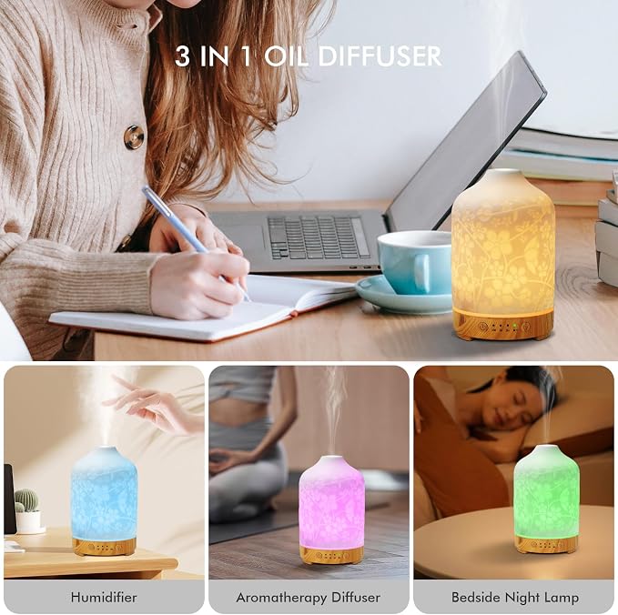 Essential Oil Diffuser Ceramic Diffuser -Aromatherapy Diffuser for Essential Oils with Timer and 7 Colors LED Light