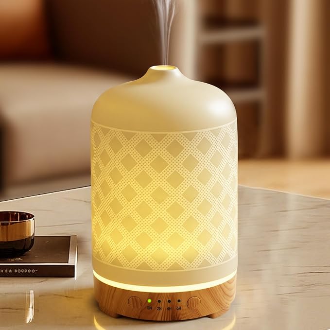 Essential Oil Diffuser Ceramic Diffuser -Aromatherapy Diffuser for Essential Oils with Timer and 7 Colors LED Light
