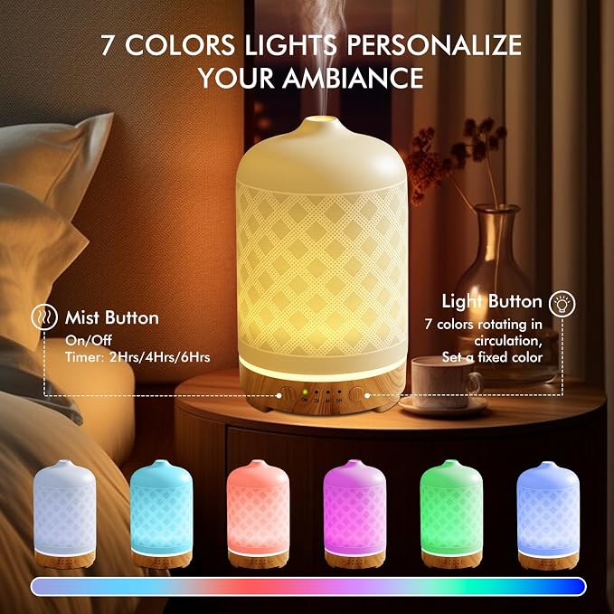 Essential Oil Diffuser Ceramic Diffuser -Aromatherapy Diffuser for Essential Oils with Timer and 7 Colors LED Light