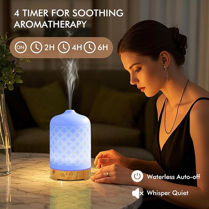 Essential Oil Diffuser Ceramic Diffuser -Aromatherapy Diffuser for Essential Oils with Timer and 7 Colors LED Light