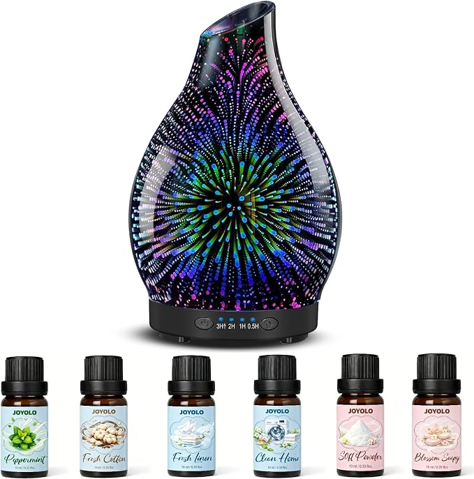 Essential Oil Diffuser & Essential Oils Set, Glass Aromatherapy Diffuser with 7 LED Colors, 6 Oils Gift Pack (Clean Home