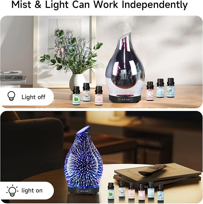 Essential Oil Diffuser & Essential Oils Set, Glass Aromatherapy Diffuser with 7 LED Colors, 6 Oils Gift Pack (Clean Home