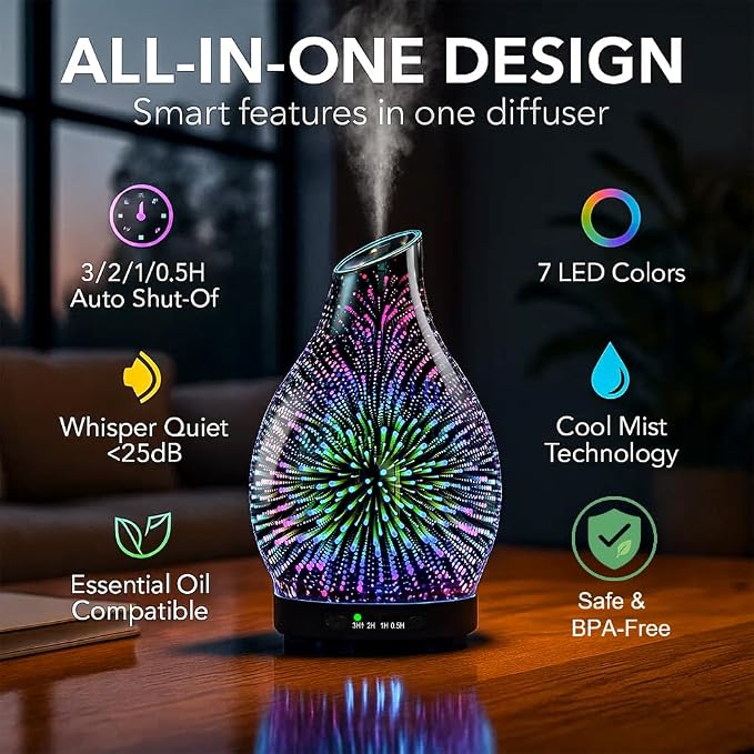 Essential Oil Diffuser & Essential Oils Set, Glass Aromatherapy Diffuser with 7 LED Colors, 6 Oils Gift Pack (Clean Home