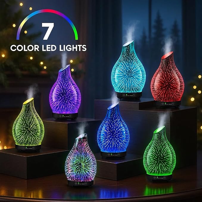 Essential Oil Diffuser & Essential Oils Set, Glass Aromatherapy Diffuser with 7 LED Colors, 6 Oils Gift Pack (Clean Home
