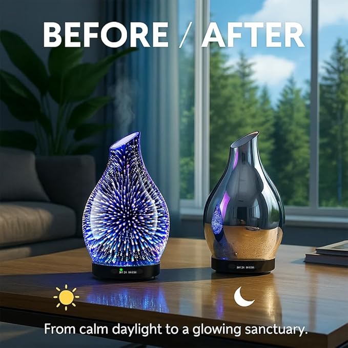 Essential Oil Diffuser & Essential Oils Set, Glass Aromatherapy Diffuser with 7 LED Colors, 6 Oils Gift Pack (Clean Home
