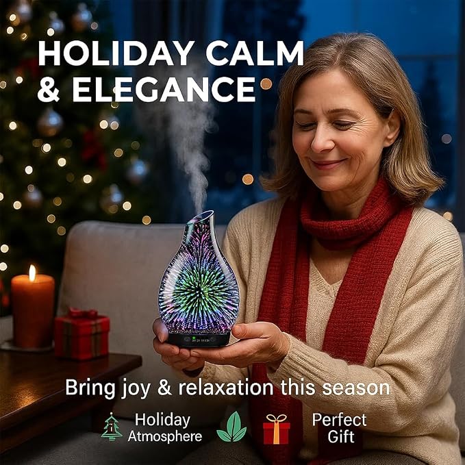 Essential Oil Diffuser & Essential Oils Set, Glass Aromatherapy Diffuser with 7 LED Colors, 6 Oils Gift Pack (Clean Home