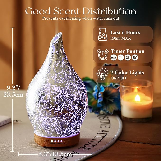 Essential Oil Diffuser Glass Aromatherapy Ultrasonic Humidifier, Air Refresh Auto Shut-Off, Timer Setting, alternate product