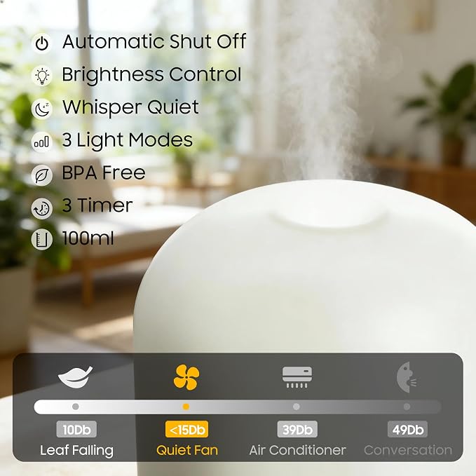 Essential Oil Diffuser Hand Blown Glass, 100ml Small Aromatherapy Diffuser, Auto Shut-Off Function, alternate product view 2