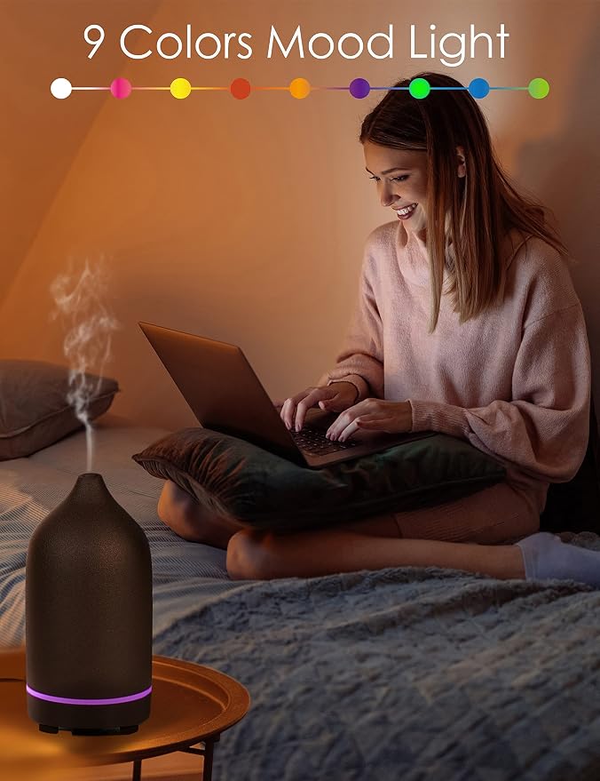 Essential Oil Diffuser,Handcrafted Ceramic Diffuser for Home,Ultrasonic Cool Mist Air Diffuser, 9 Colors Night Light with