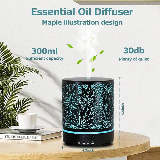 Essential Oil Diffuser Metal Aromatherapy Oil Diffusers for Large Room,Maple Leaf Pattern Ultrasonic Cool Mist Diffuser with