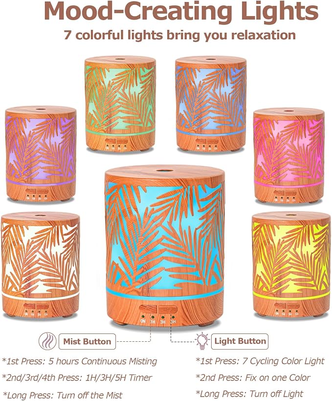 Essential Oil Diffuser Metal Aromatherapy Oil Diffusers for Large Room,Water Plants Pattern Ultrasonic Cool Mist Diffuser