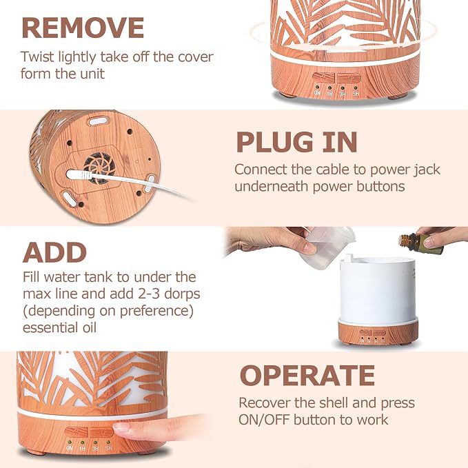 Essential Oil Diffuser Metal Aromatherapy Oil Diffusers for Large Room,Water Plants Pattern Ultrasonic Cool Mist Diffuser