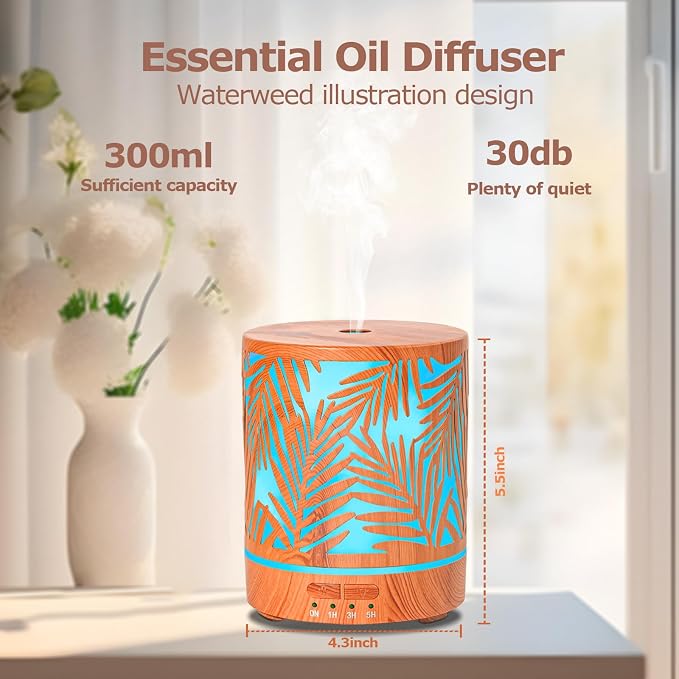 Essential Oil Diffuser Metal Aromatherapy Oil Diffusers for Large Room,Water Plants Pattern Ultrasonic Cool Mist Diffuser
