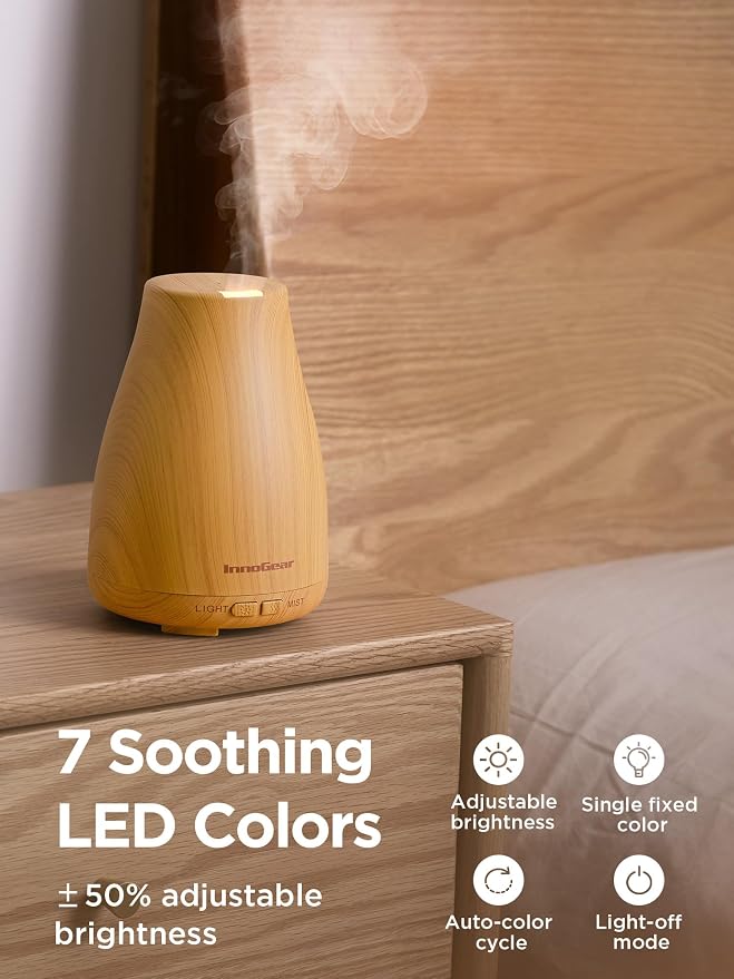 Essential Oil Diffuser, Ultrasonic Diffusers for Home Aromatherapy Humidifier for Bedroom Room 7 Colors LED 2 Mist Mode Auto